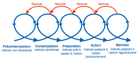 Modèle en spirale des stades du changement de comportement adapté de Prochaska, DiClemente & Norcross (1992)Analyse 2024 Claire De Grève